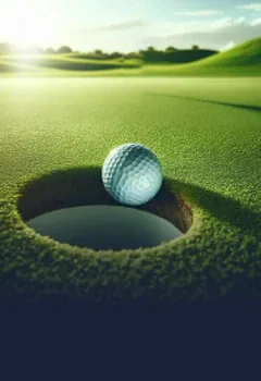 Pelota de golf blanca al borde del hoyo en una cancha soleada